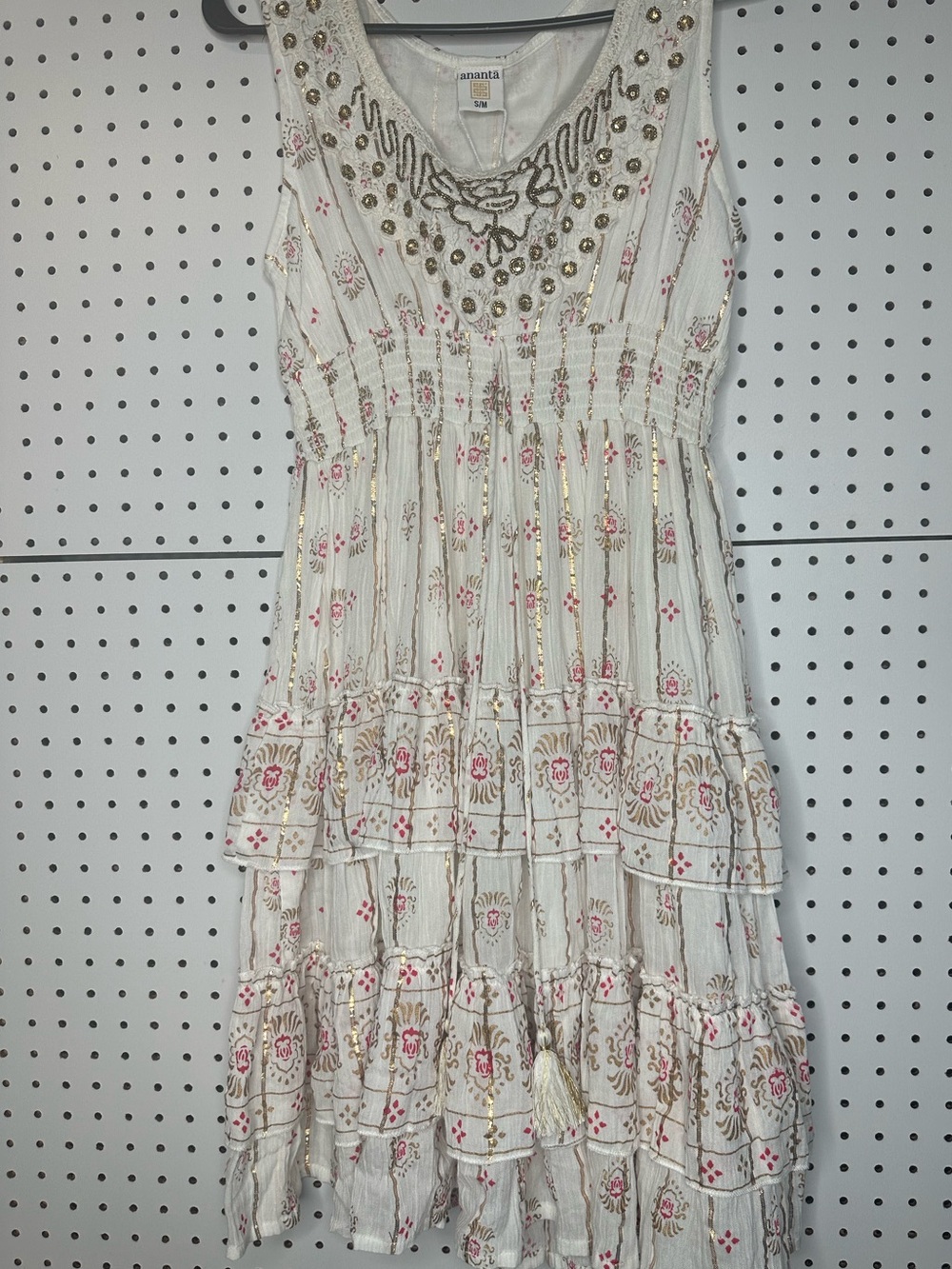 Ananta size Small White Embroidered Tiered Sleeveless Dress with Pink Accents